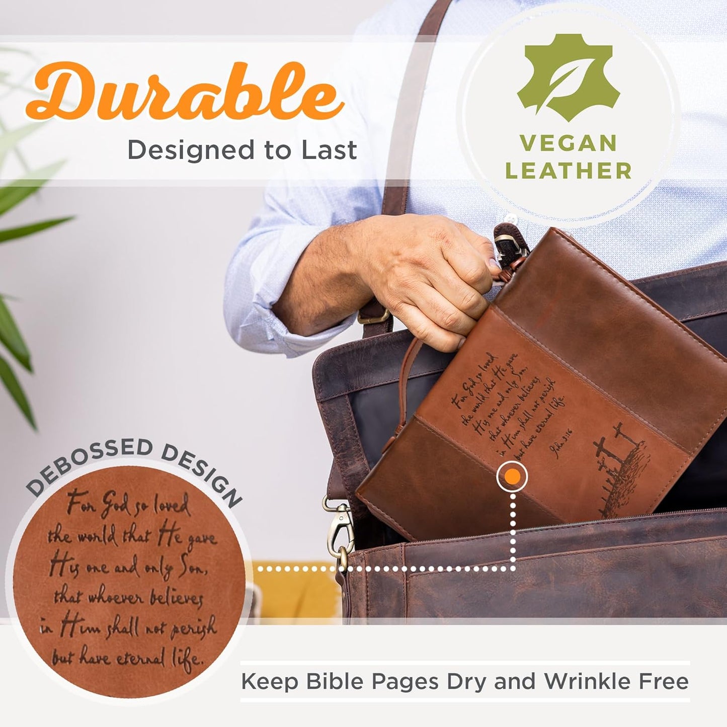 Christian Art Gifts Men or Women's Classic Bible Cover Gospel John 3:16, Brown Faux Leather